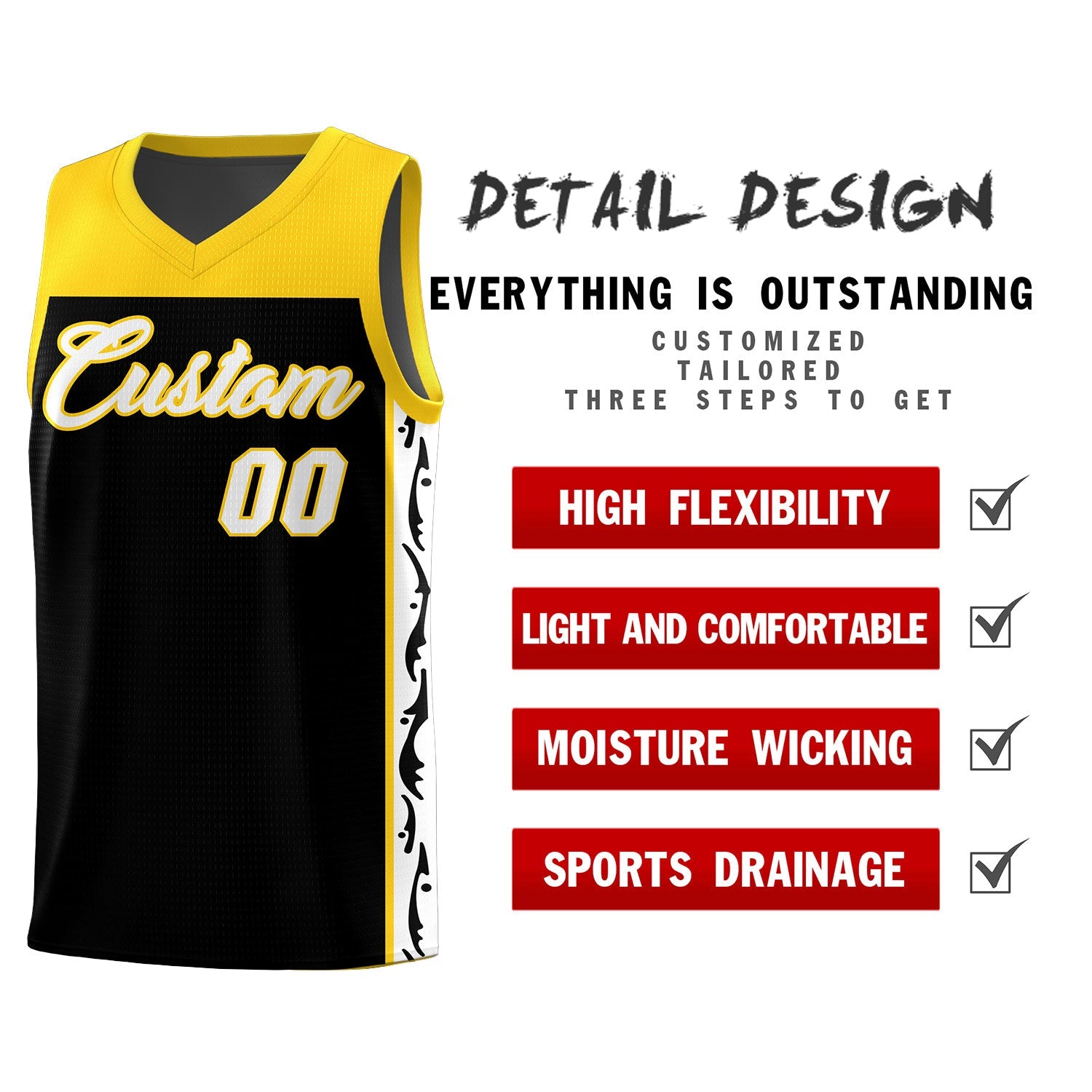 Custom Black Side Pattern Sports Uniform Basketball Jersey