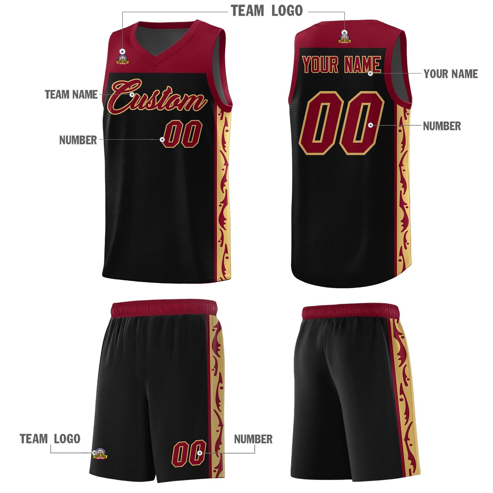 Custom Black Side Pattern Sports Uniform Basketball Jersey