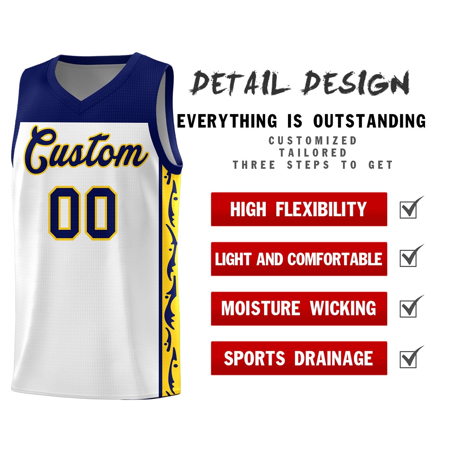 Custom White Side Pattern Sports Uniform Basketball Jersey