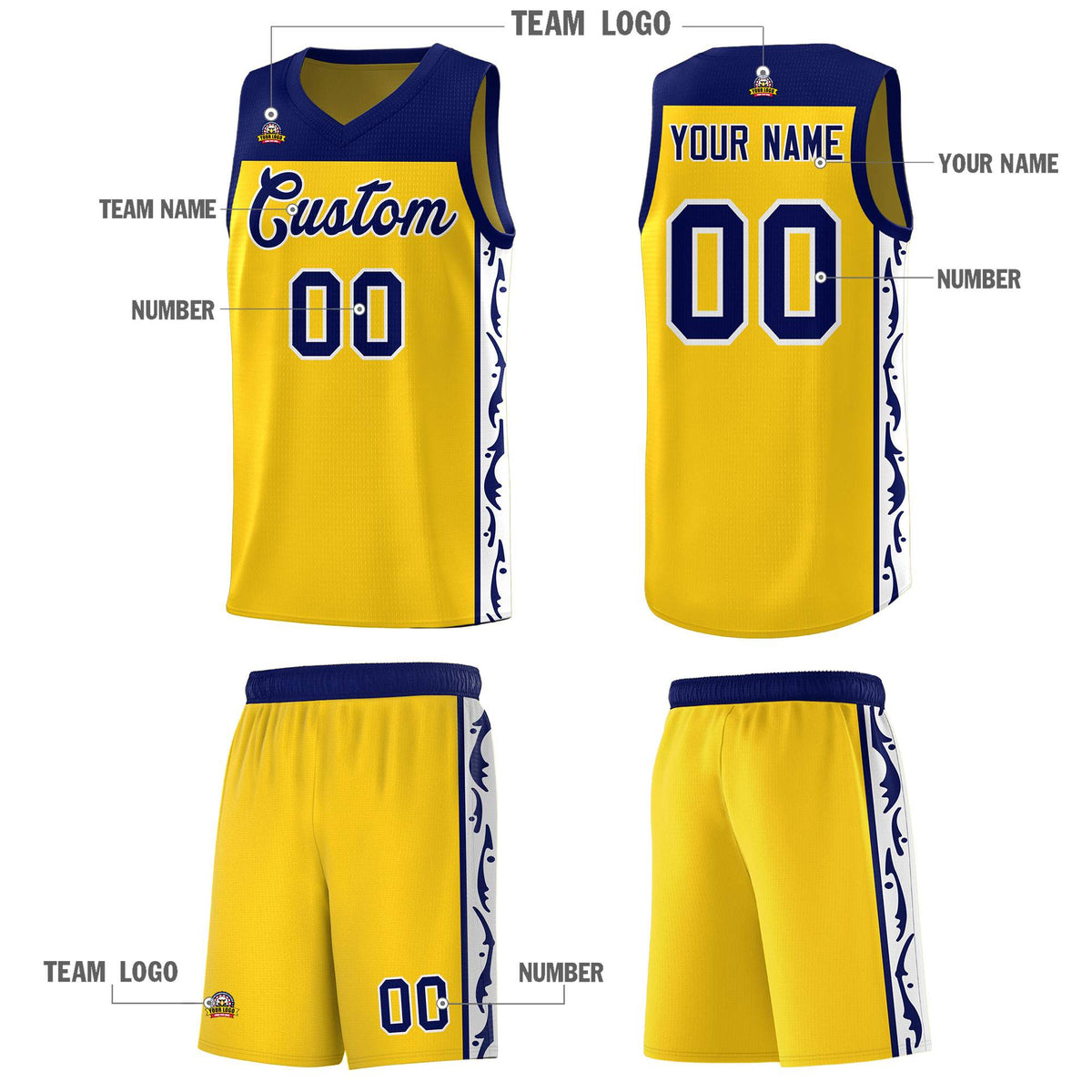 Custom Gold Side Pattern Sports Uniform Basketball Jersey