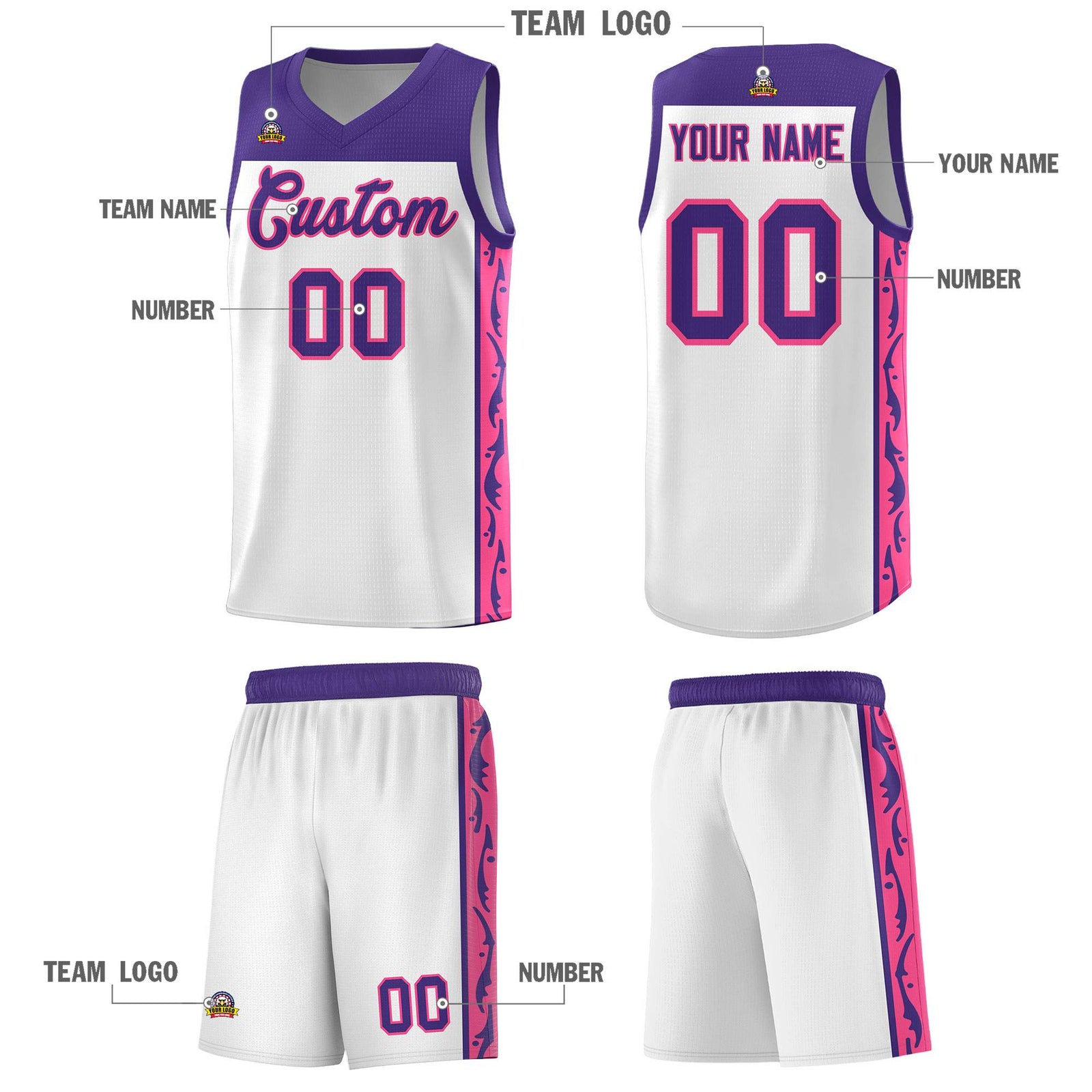 Custom White Side Pattern Sports Uniform Basketball Jersey