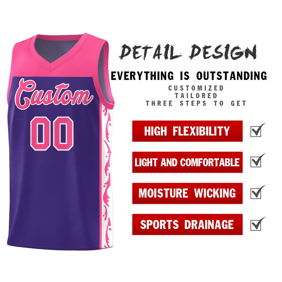 Custom Purple Side Pattern Sports Uniform Basketball Jersey