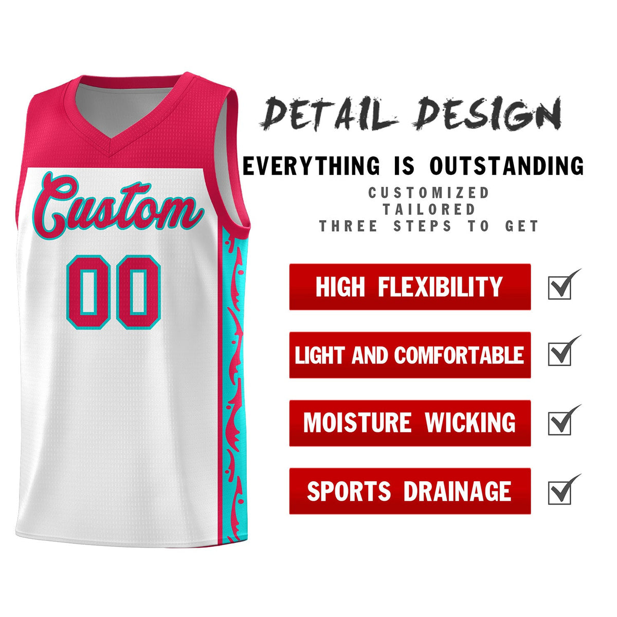 Custom White Side Pattern Sports Uniform Basketball Jersey