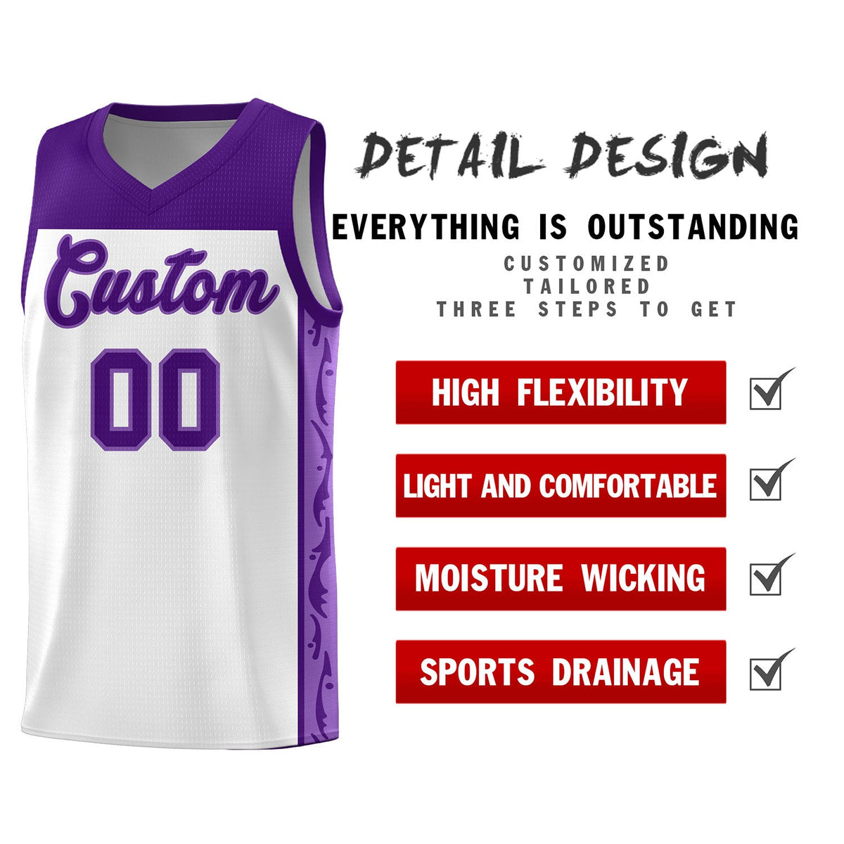 Custom White Side Pattern Sports Uniform Basketball Jersey