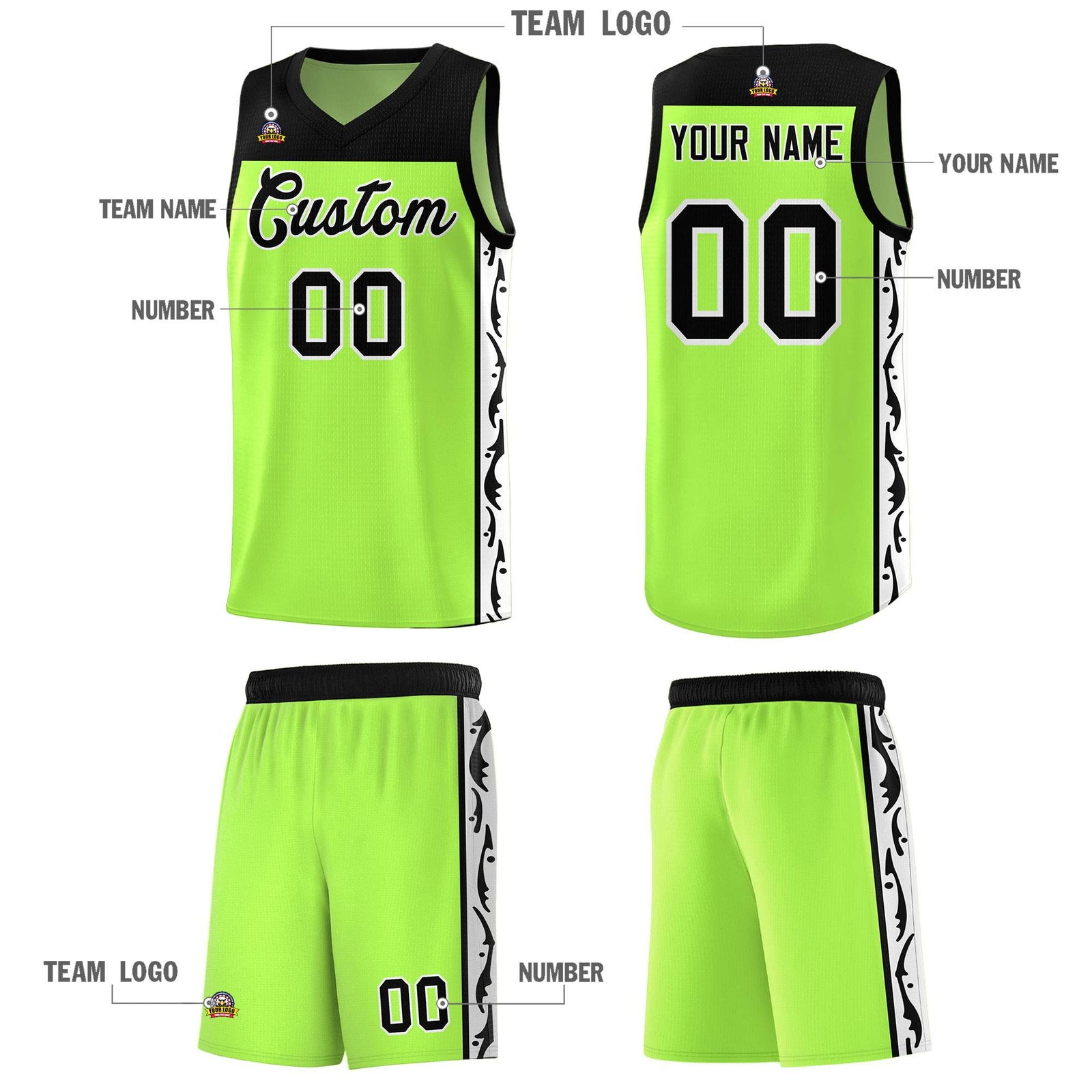 Custom Neon Green Side Pattern Sports Uniform Basketball Jersey