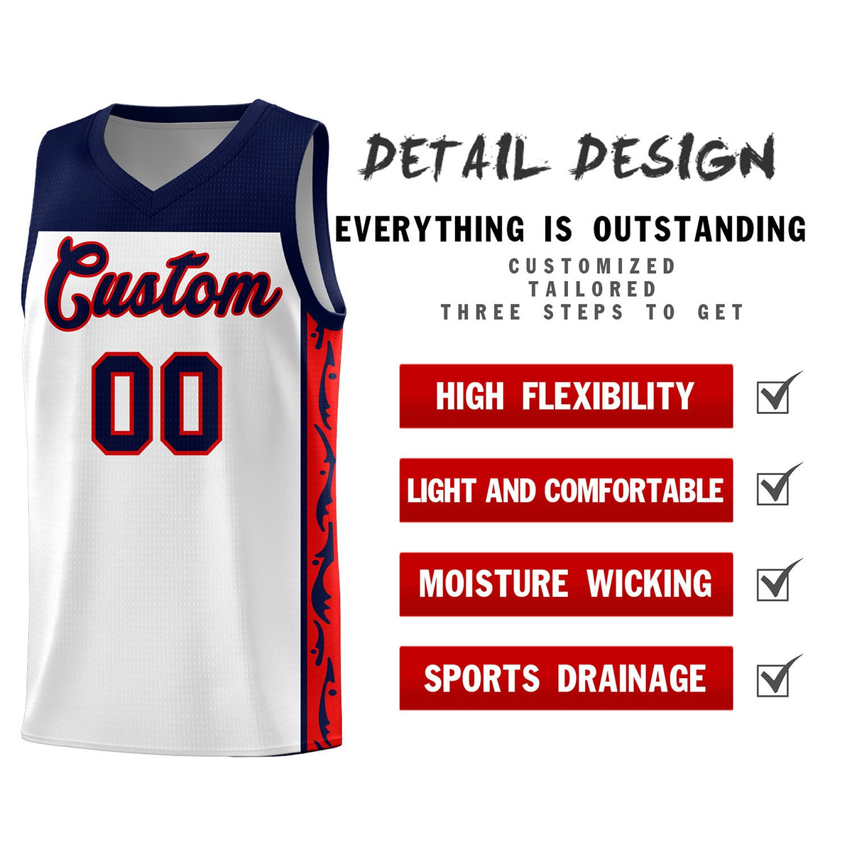 Custom White Side Pattern Sports Uniform Basketball Jersey