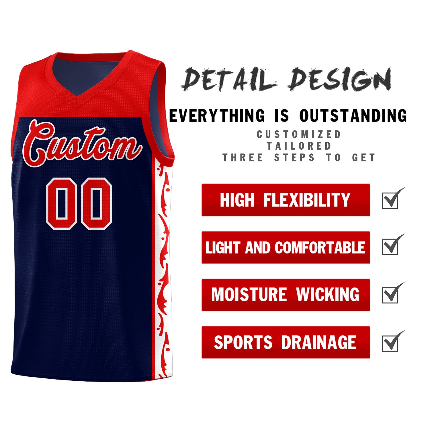 Custom Navy Side Pattern Sports Uniform Basketball Jersey