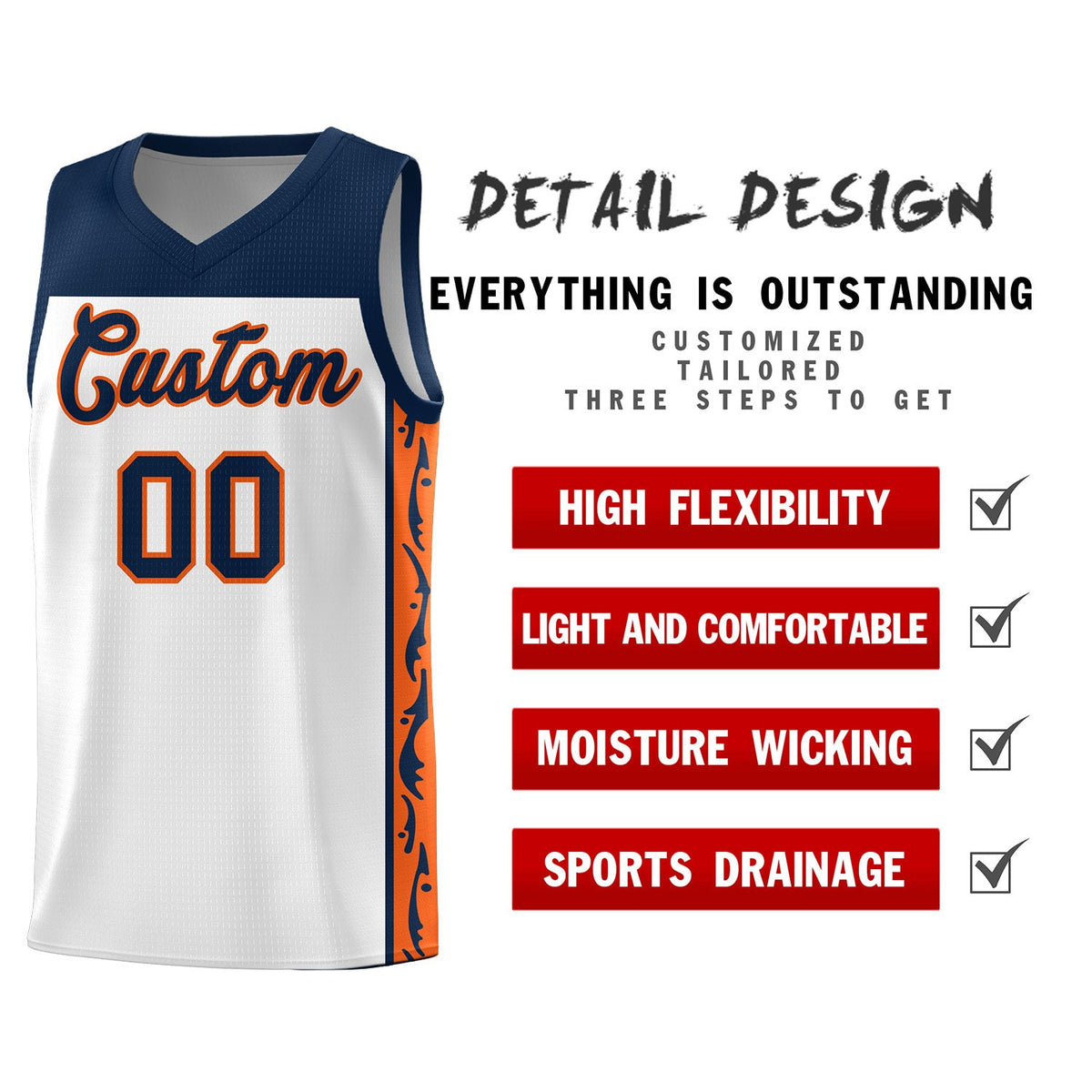 Custom White Side Pattern Sports Uniform Basketball Jersey