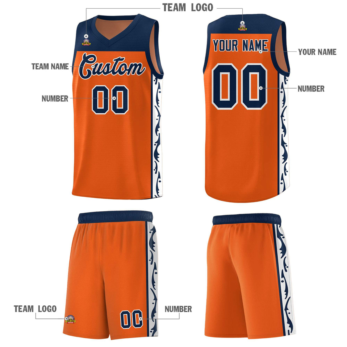 Custom Orange Side Pattern Sports Uniform Basketball Jersey
