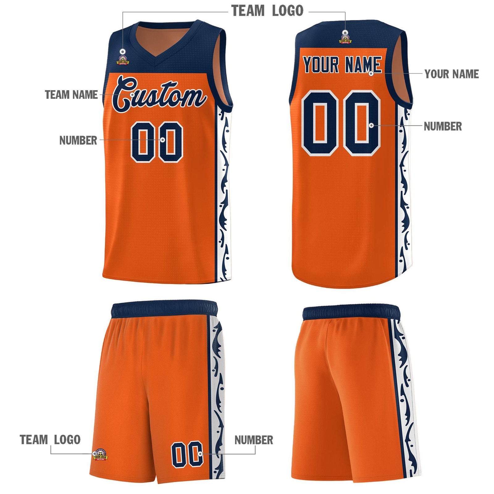 Custom Orange Side Pattern Sports Uniform Basketball Jersey