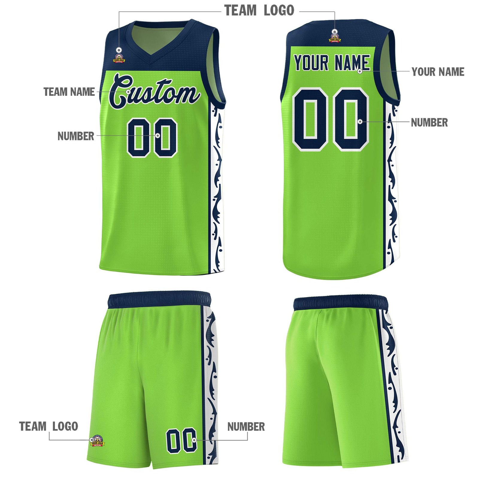 Custom Neon Green Side Pattern Sports Uniform Basketball Jersey