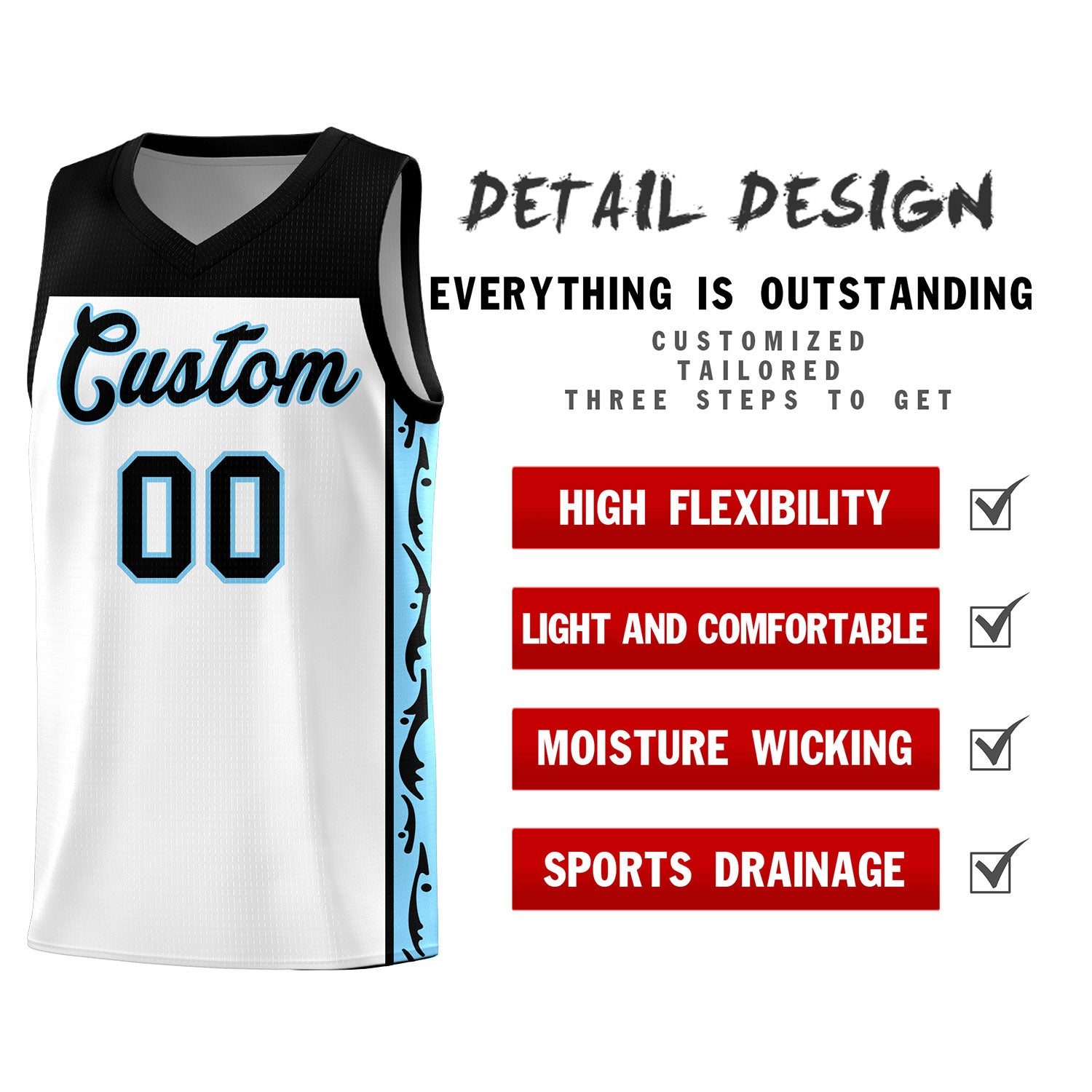 Custom White Side Pattern Sports Uniform Basketball Jersey