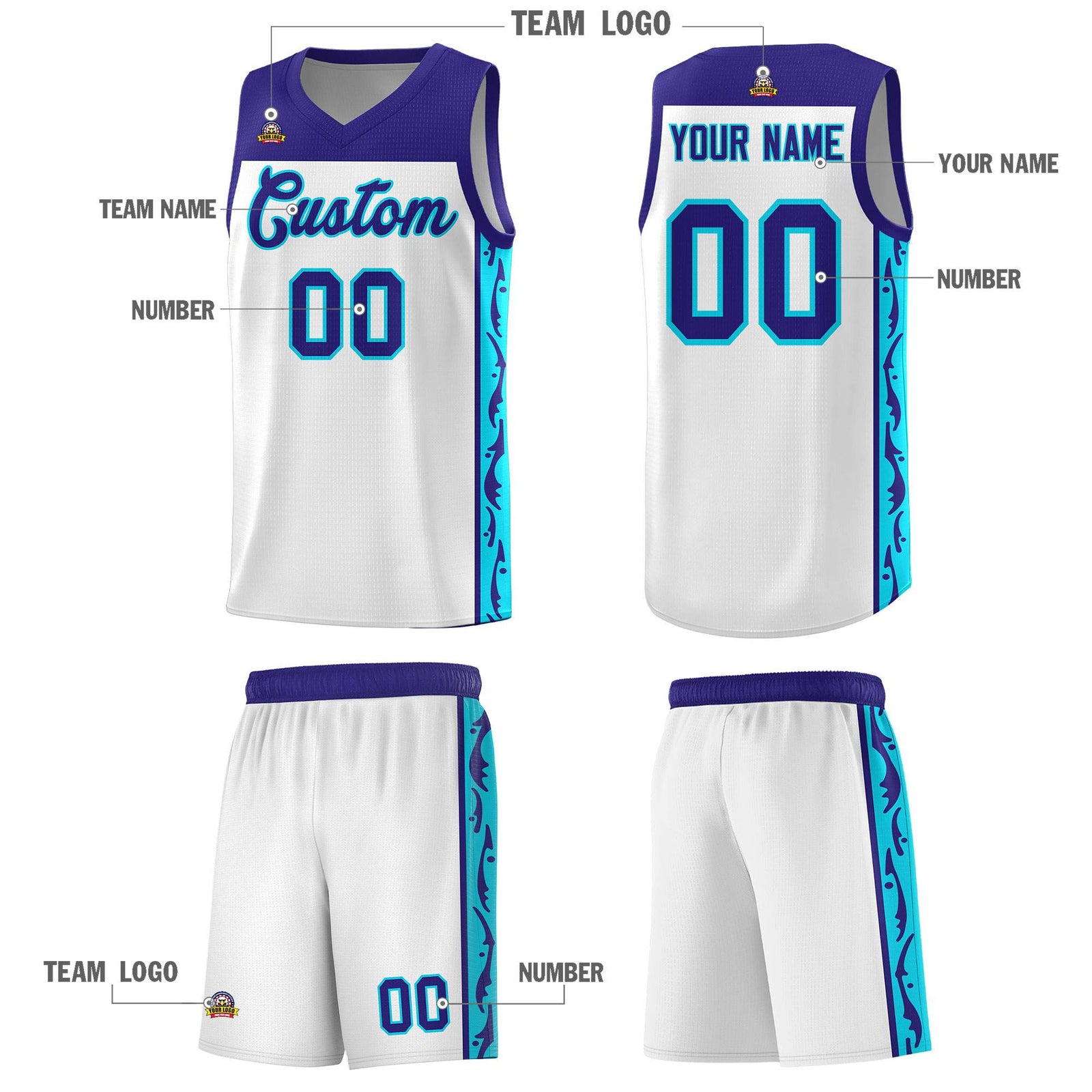 Custom White Side Pattern Sports Uniform Basketball Jersey