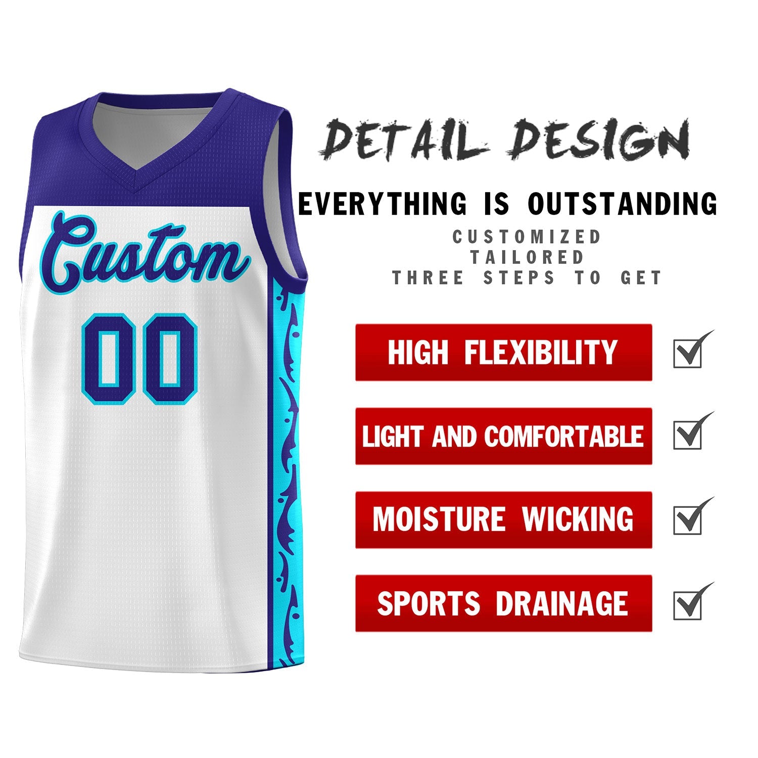 Custom White Side Pattern Sports Uniform Basketball Jersey