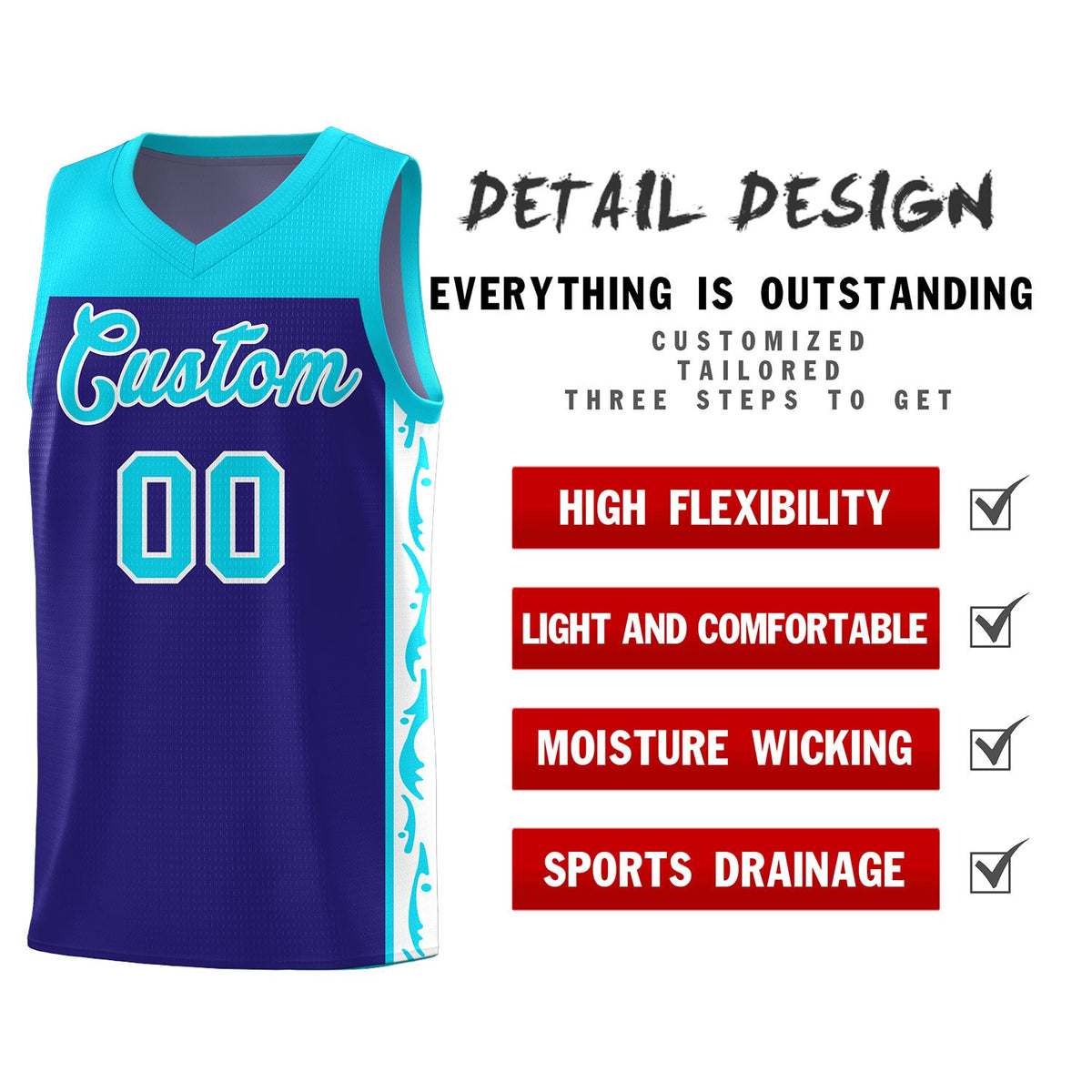 Custom Royal Side Pattern Sports Uniform Basketball Jersey