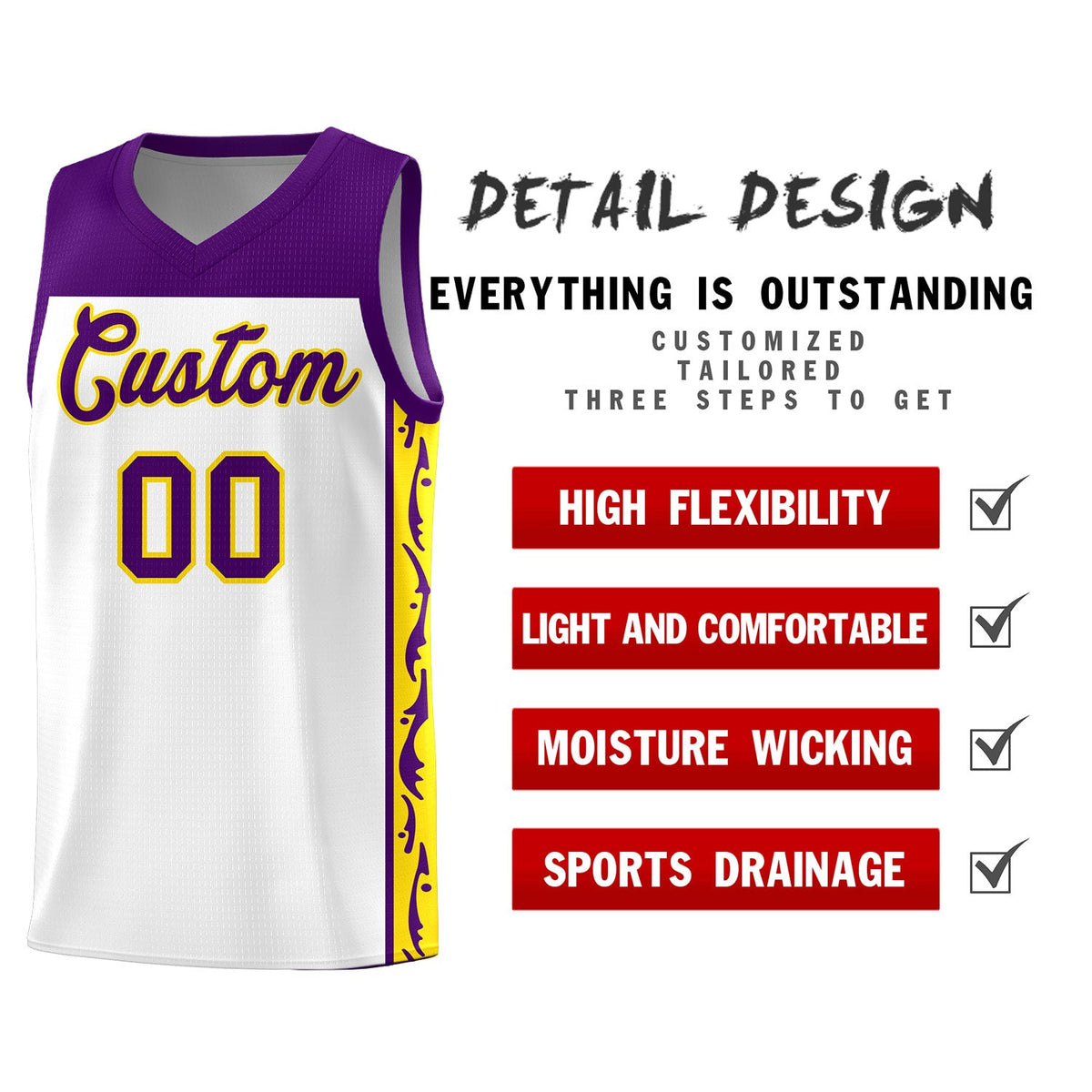 Custom White Side Pattern Sports Uniform Basketball Jersey