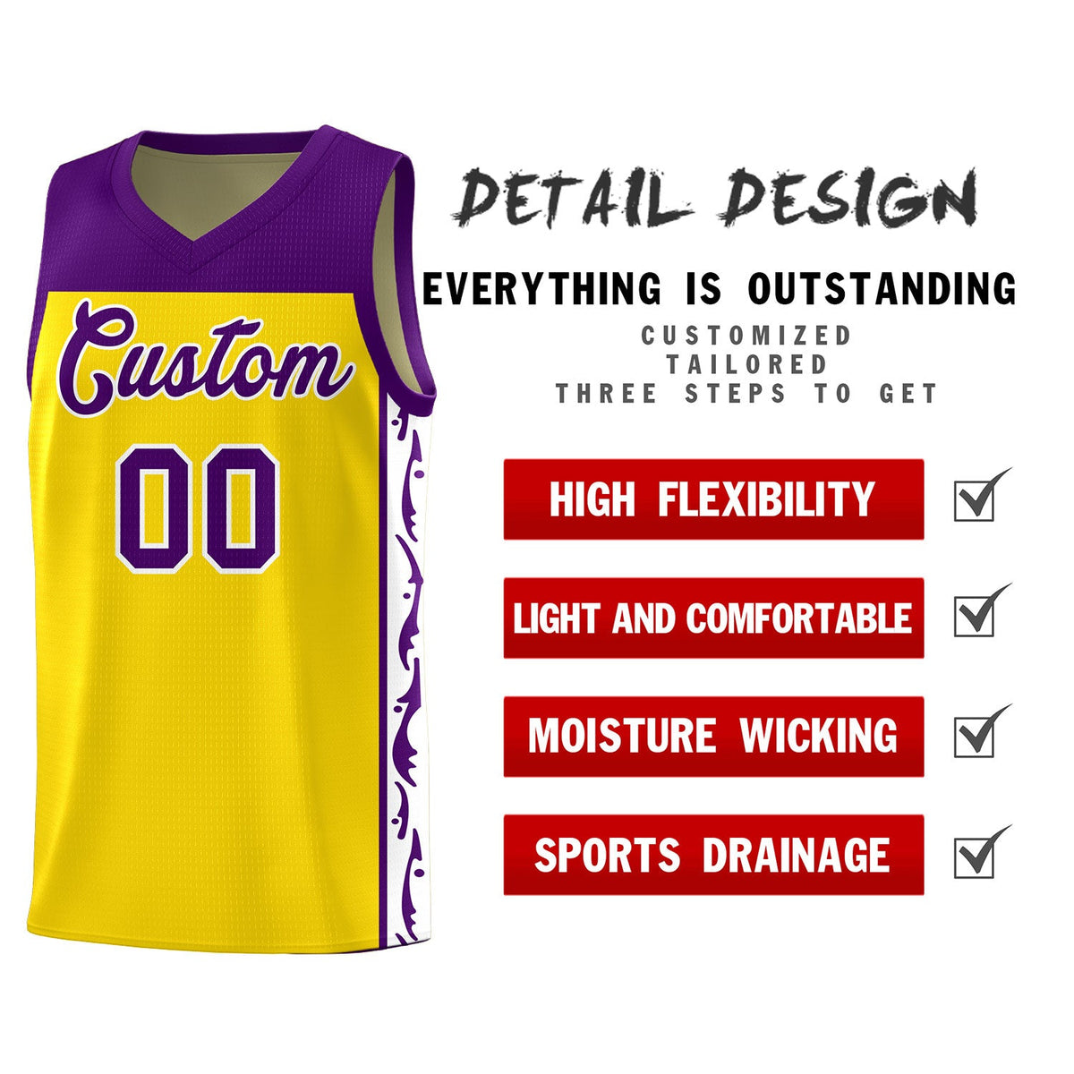 Custom Gold Side Pattern Sports Uniform Basketball Jersey