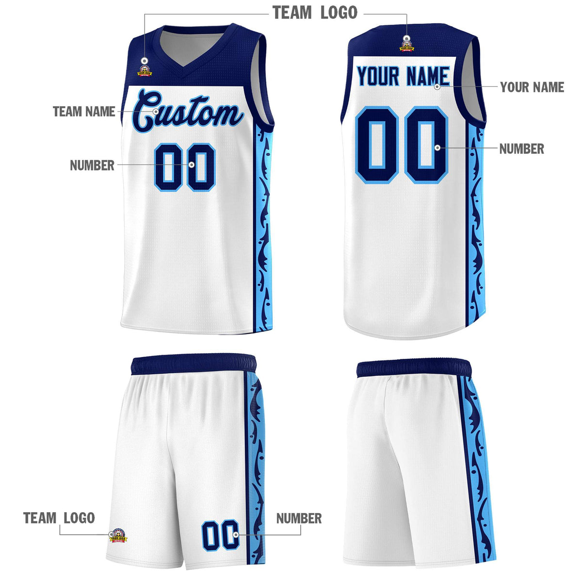 Custom White Side Pattern Sports Uniform Basketball Jersey