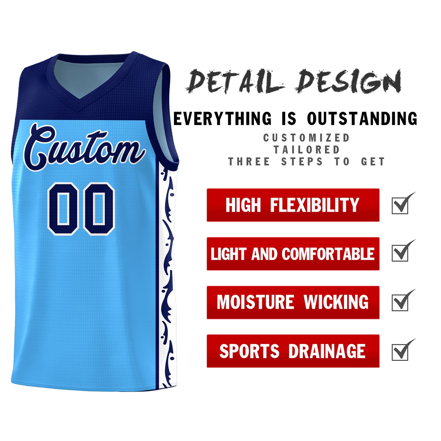 Custom Light Blue Side Pattern Sports Uniform Basketball Jersey