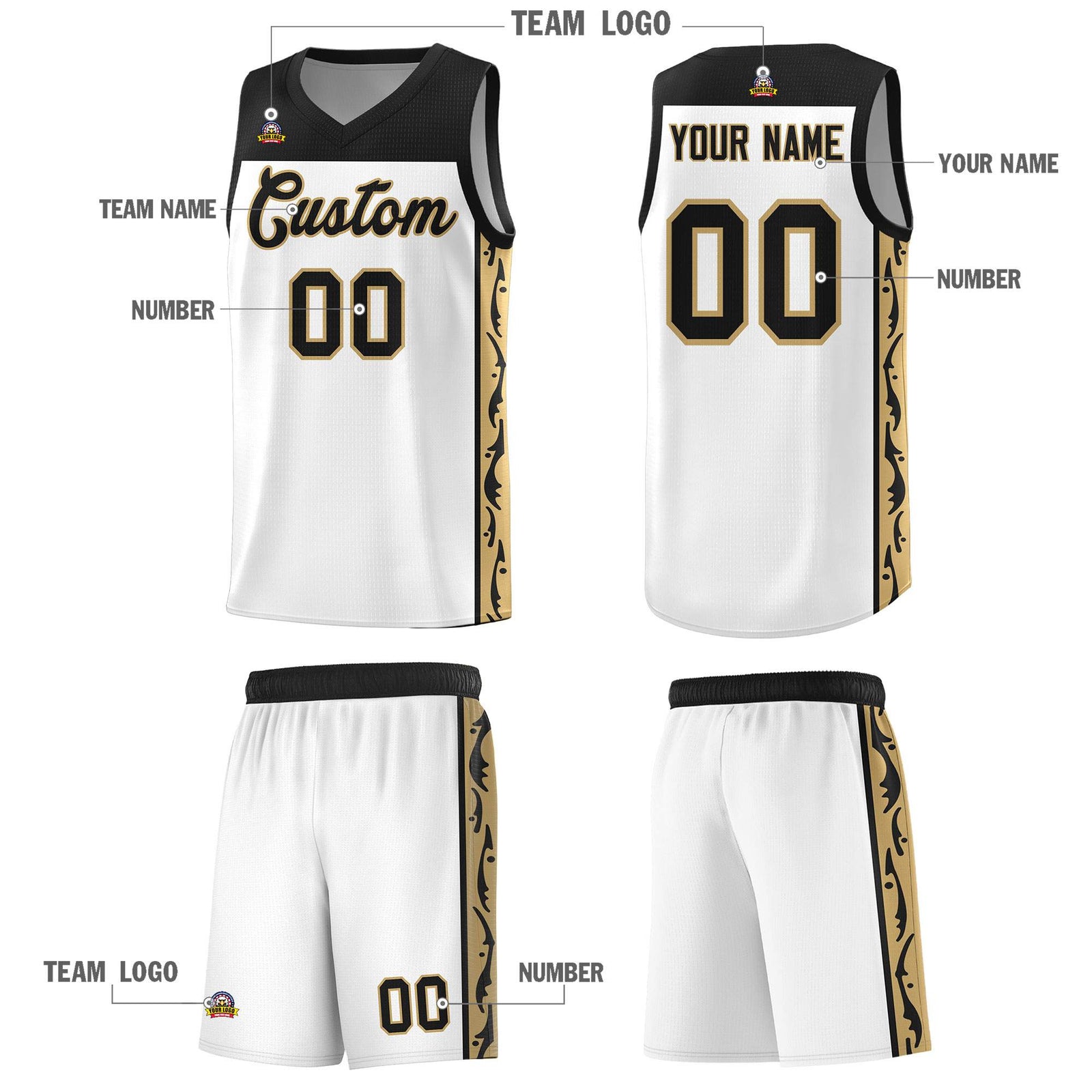 Custom White Side Pattern Sports Uniform Basketball Jersey