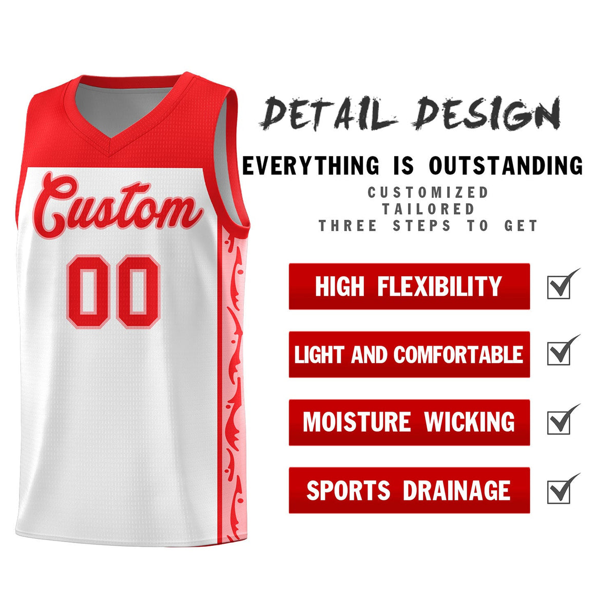 Custom White Side Pattern Sports Uniform Basketball Jersey
