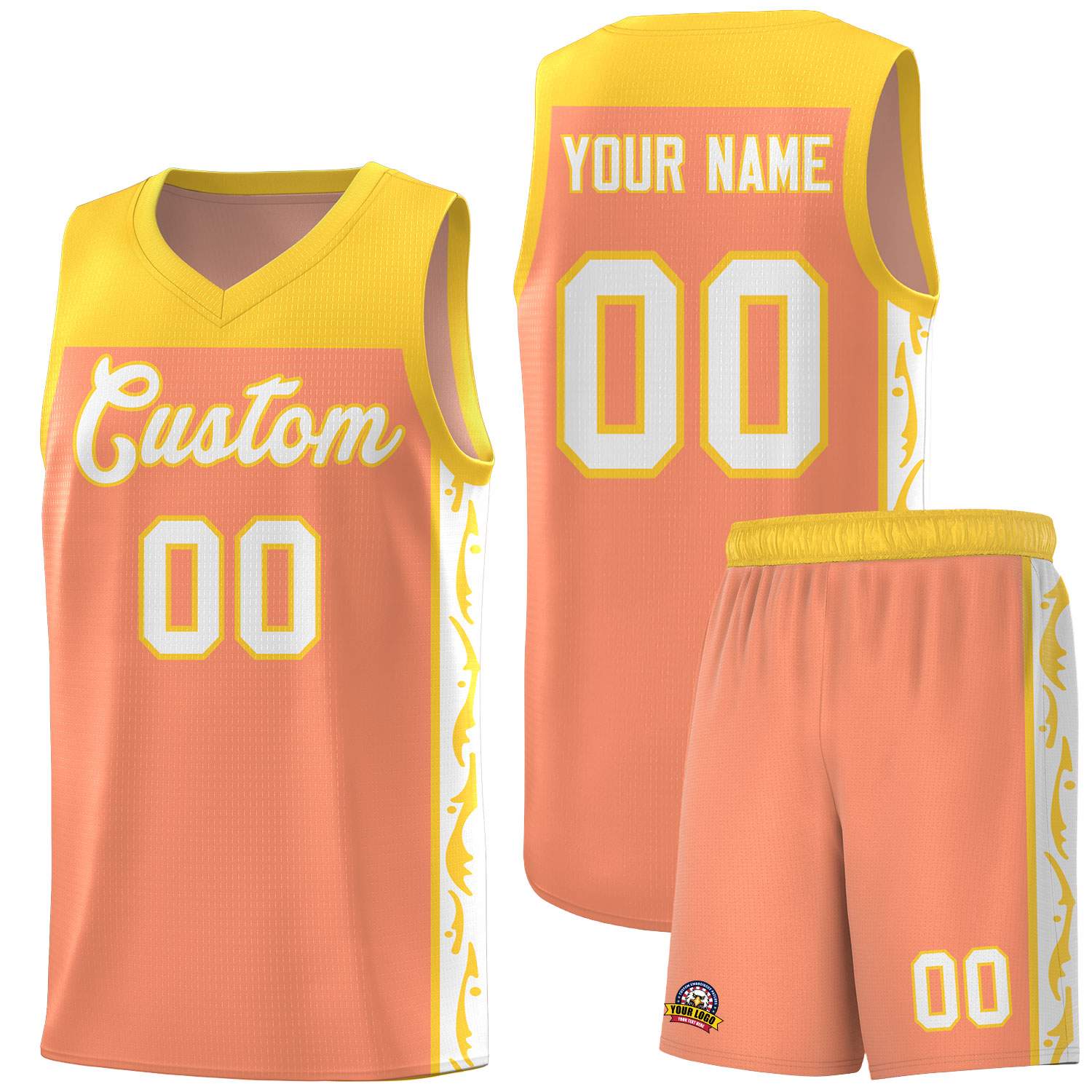 Custom Gold Orange Side Pattern Sports Uniform Basketball Jersey