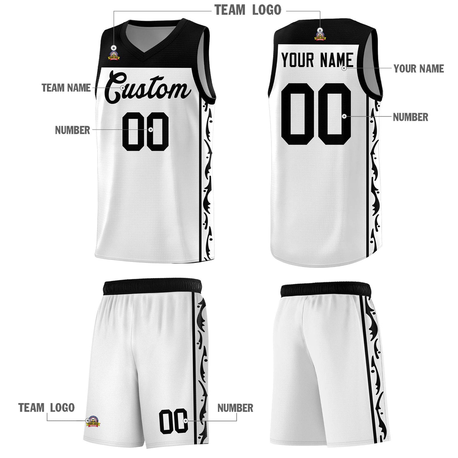 Custom White Side Pattern Sports Uniform Basketball Jersey