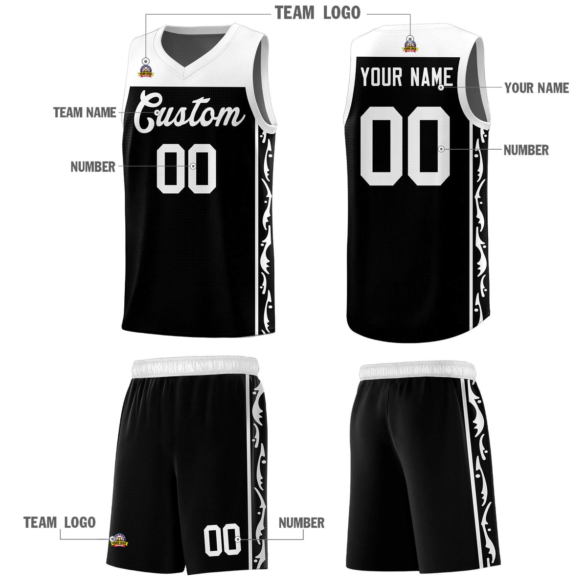 Custom Black Side Pattern Sports Uniform Basketball Jersey