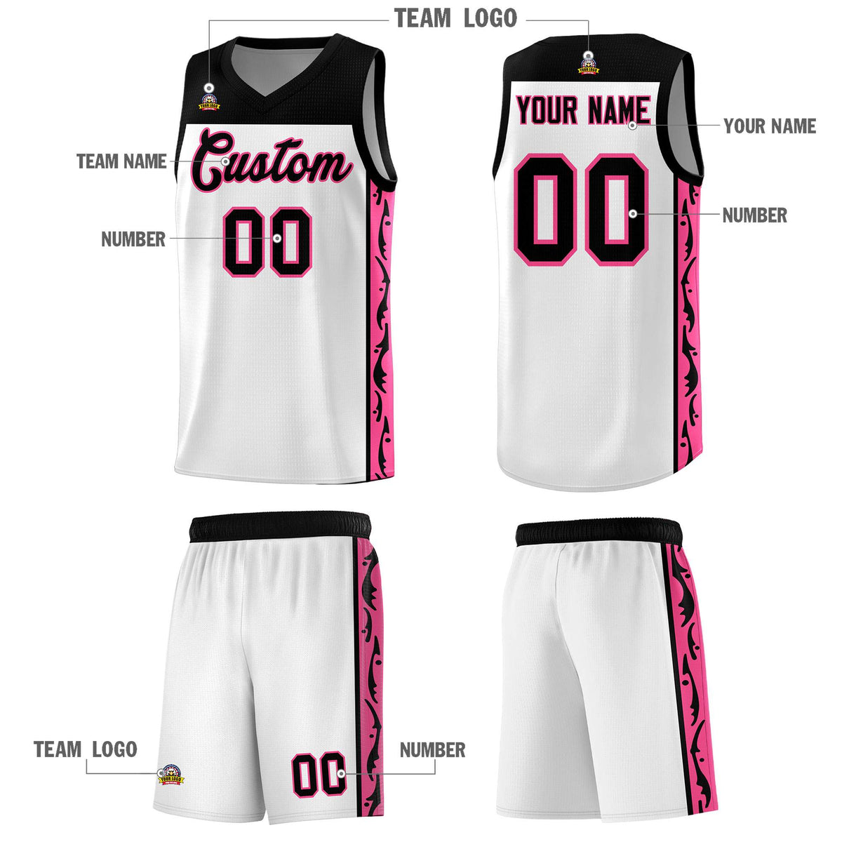 Custom White Side Pattern Sports Uniform Basketball Jersey
