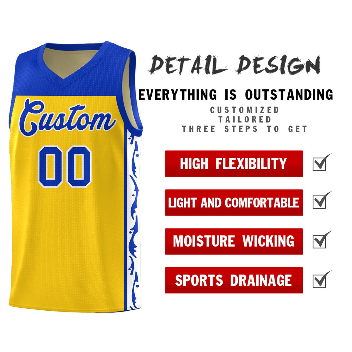 Custom Gold Side Pattern Sports Uniform Basketball Jersey