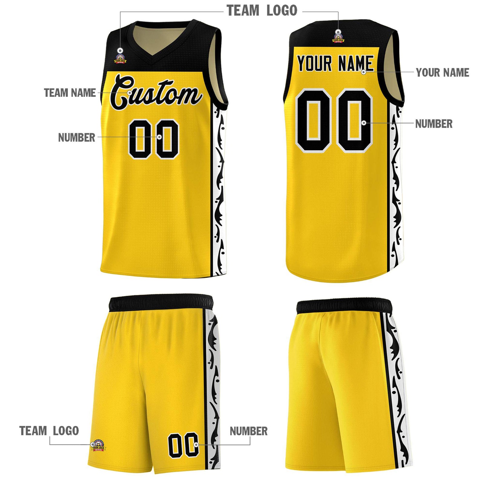 Custom Gold Side Pattern Sports Uniform Basketball Jersey