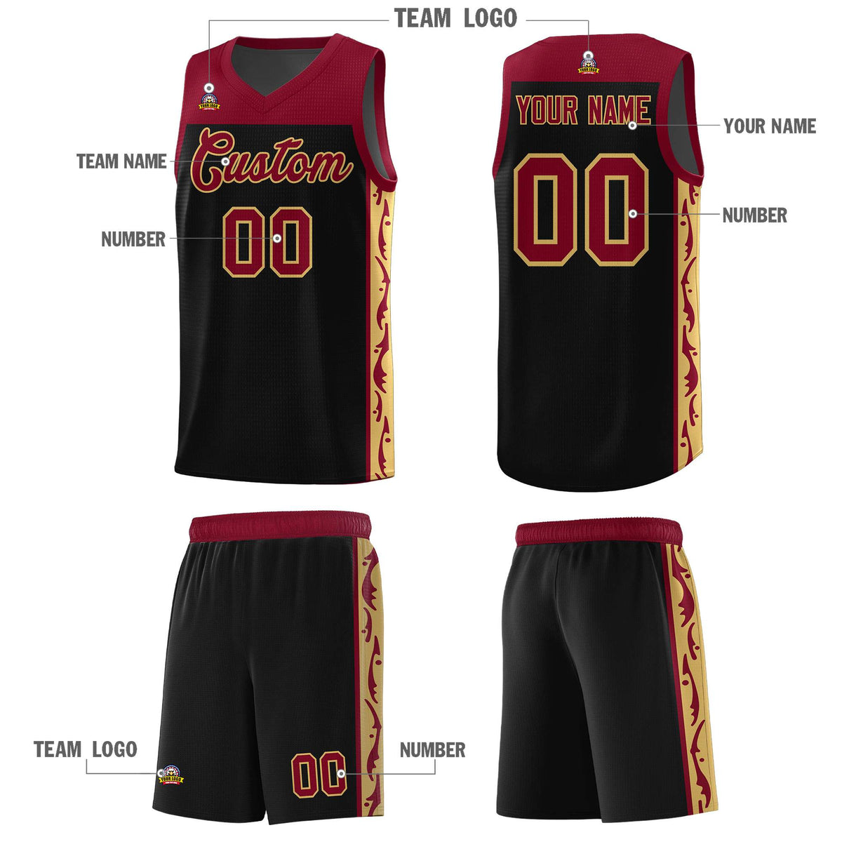 Custom Black Side Pattern Sports Uniform Basketball Jersey