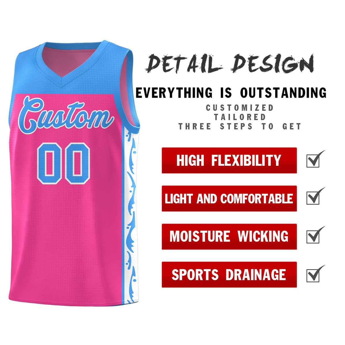 Custom Pink Side Pattern Sports Uniform Basketball Jersey