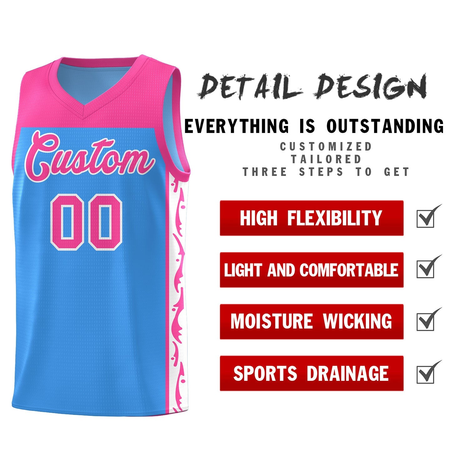 Custom Light Blue Side Pattern Sports Uniform Basketball Jersey