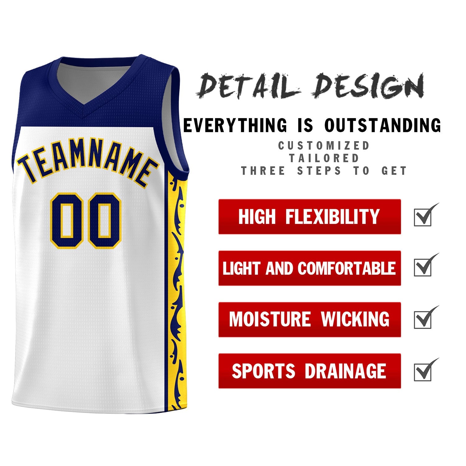 Custom White Side Pattern Sports Uniform Basketball Jersey