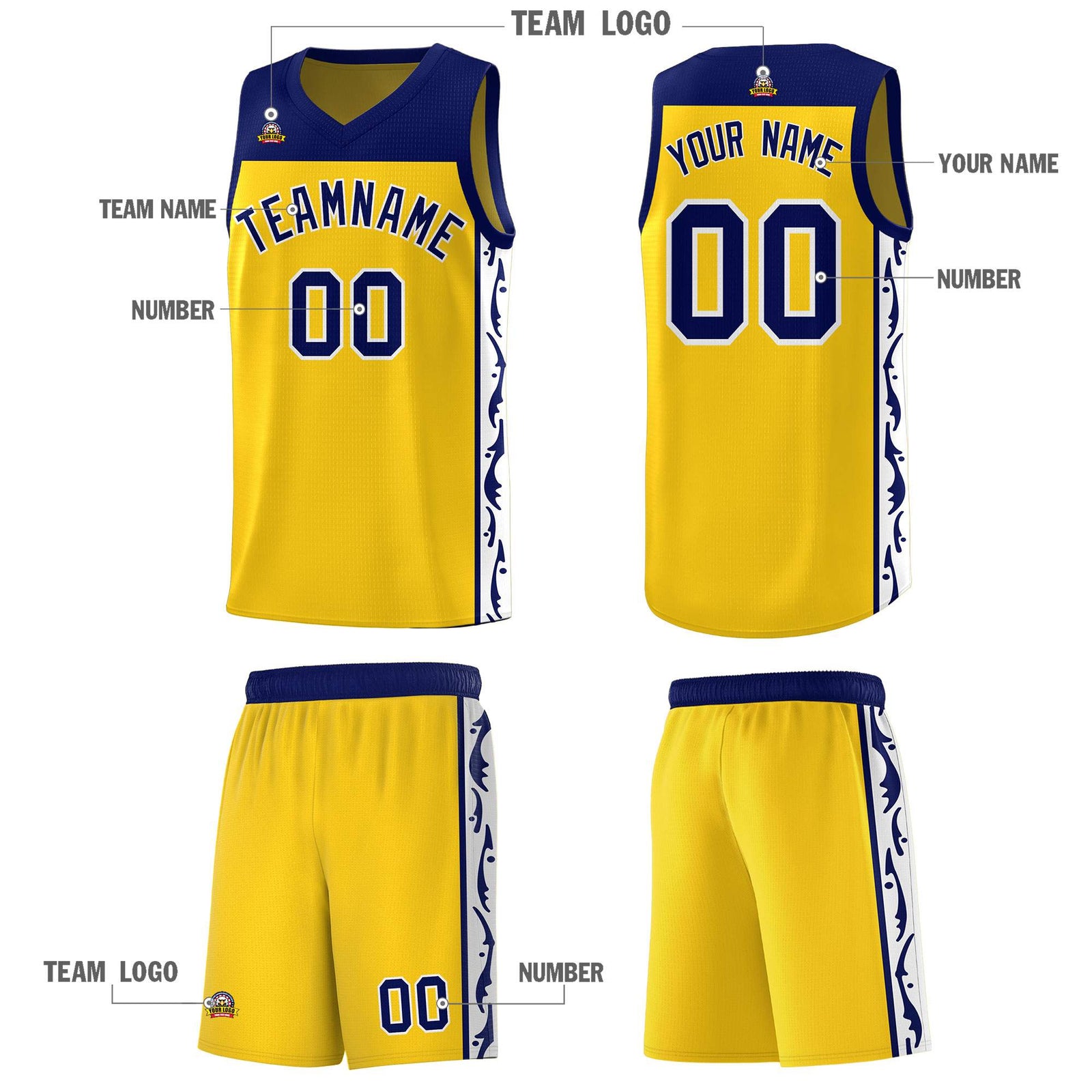 Custom Gold Side Pattern Sports Uniform Basketball Jersey