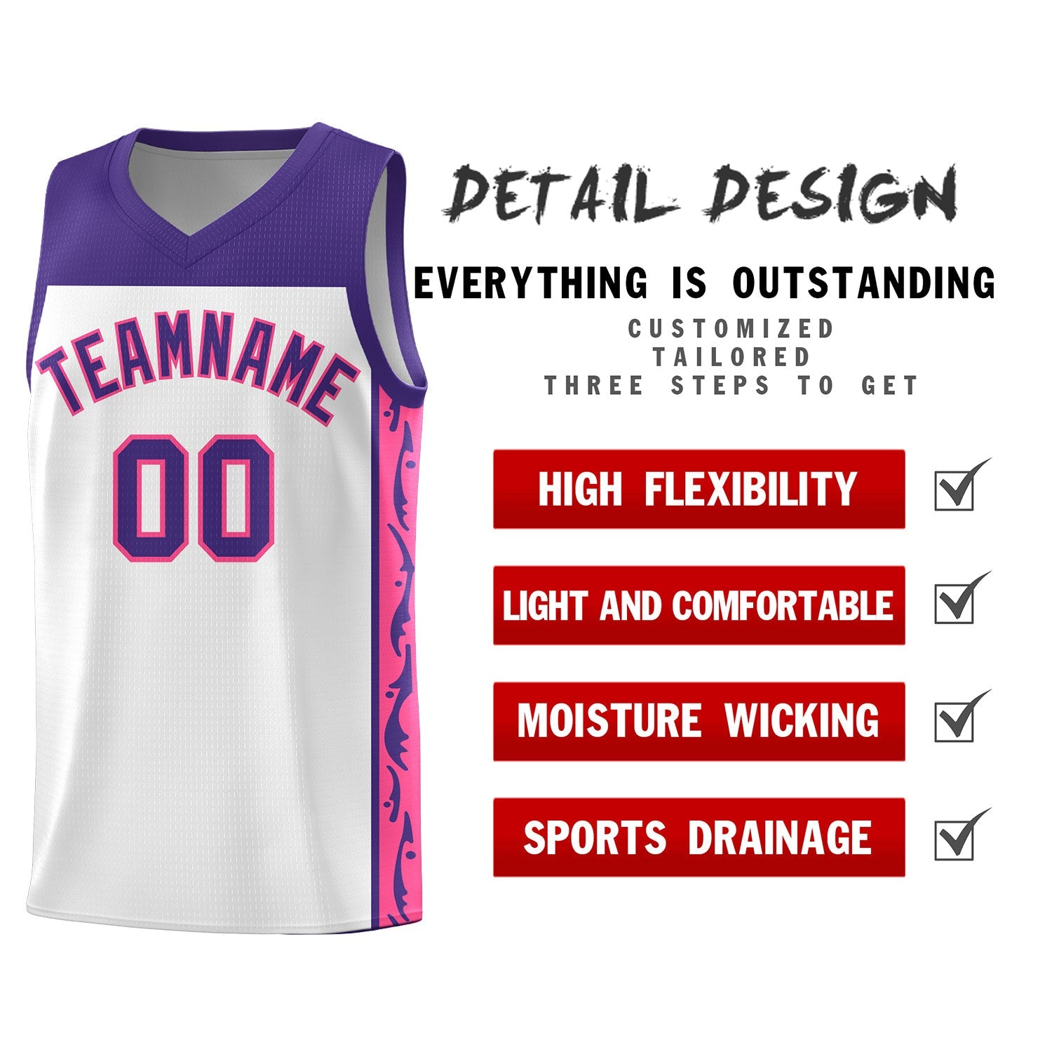 Custom White Side Pattern Sports Uniform Basketball Jersey