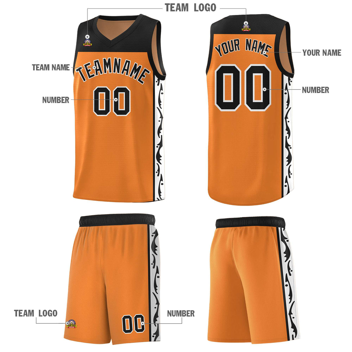 Custom Gold Orange Side Pattern Sports Uniform Basketball Jersey