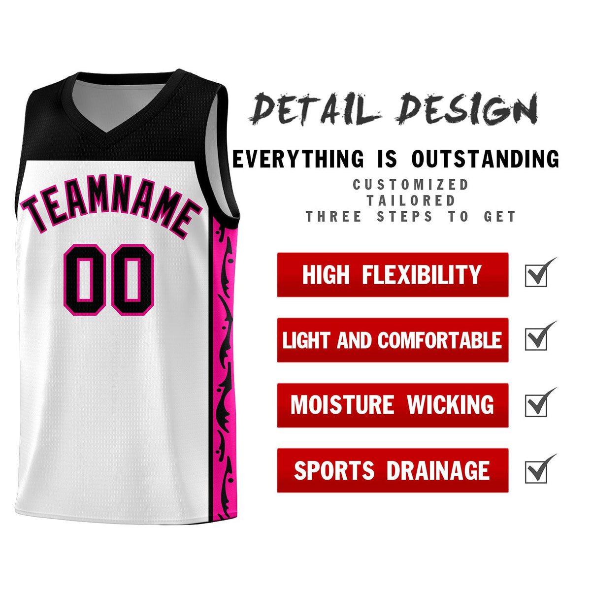 Custom White Side Pattern Sports Uniform Basketball Jersey