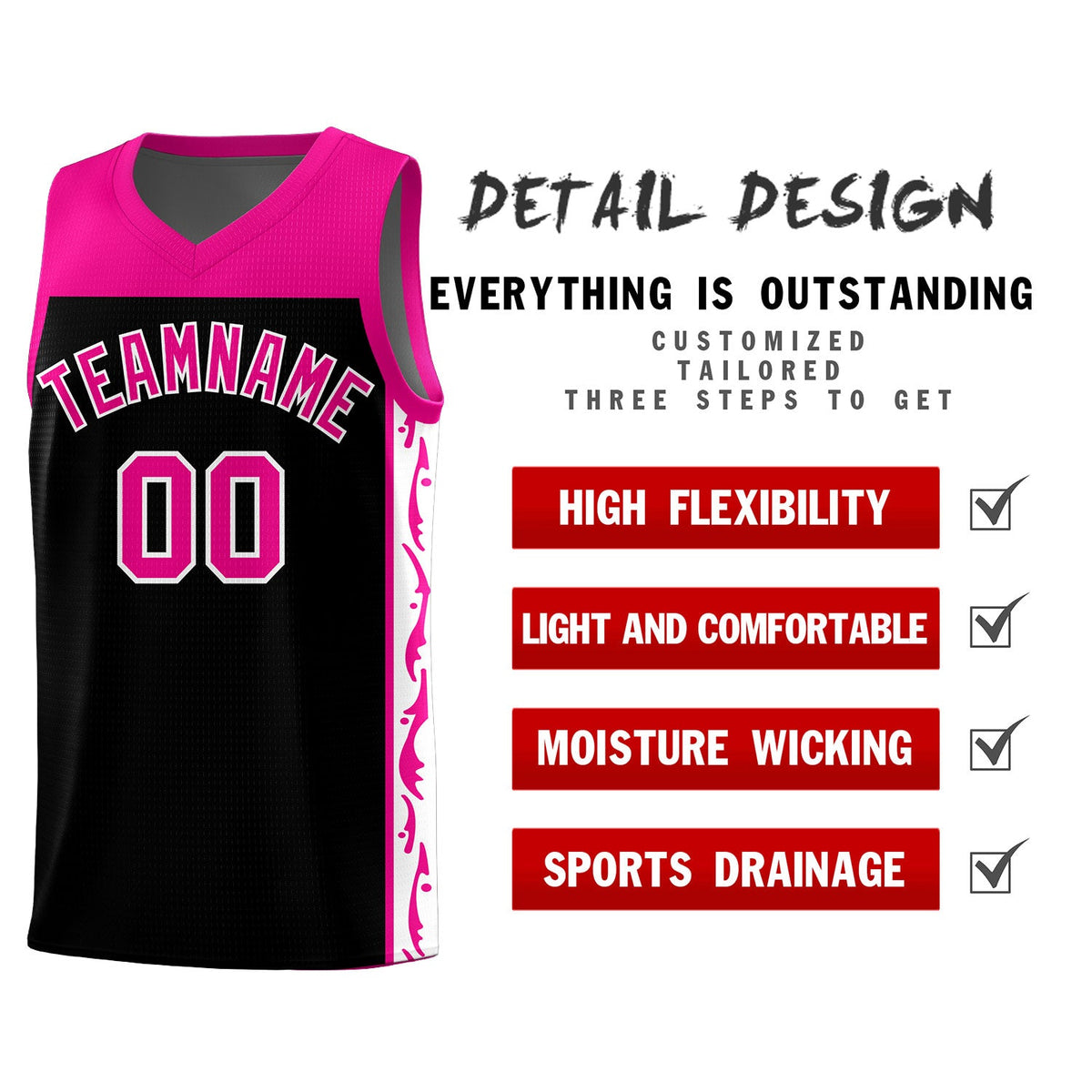 Custom Black Side Pattern Sports Uniform Basketball Jersey