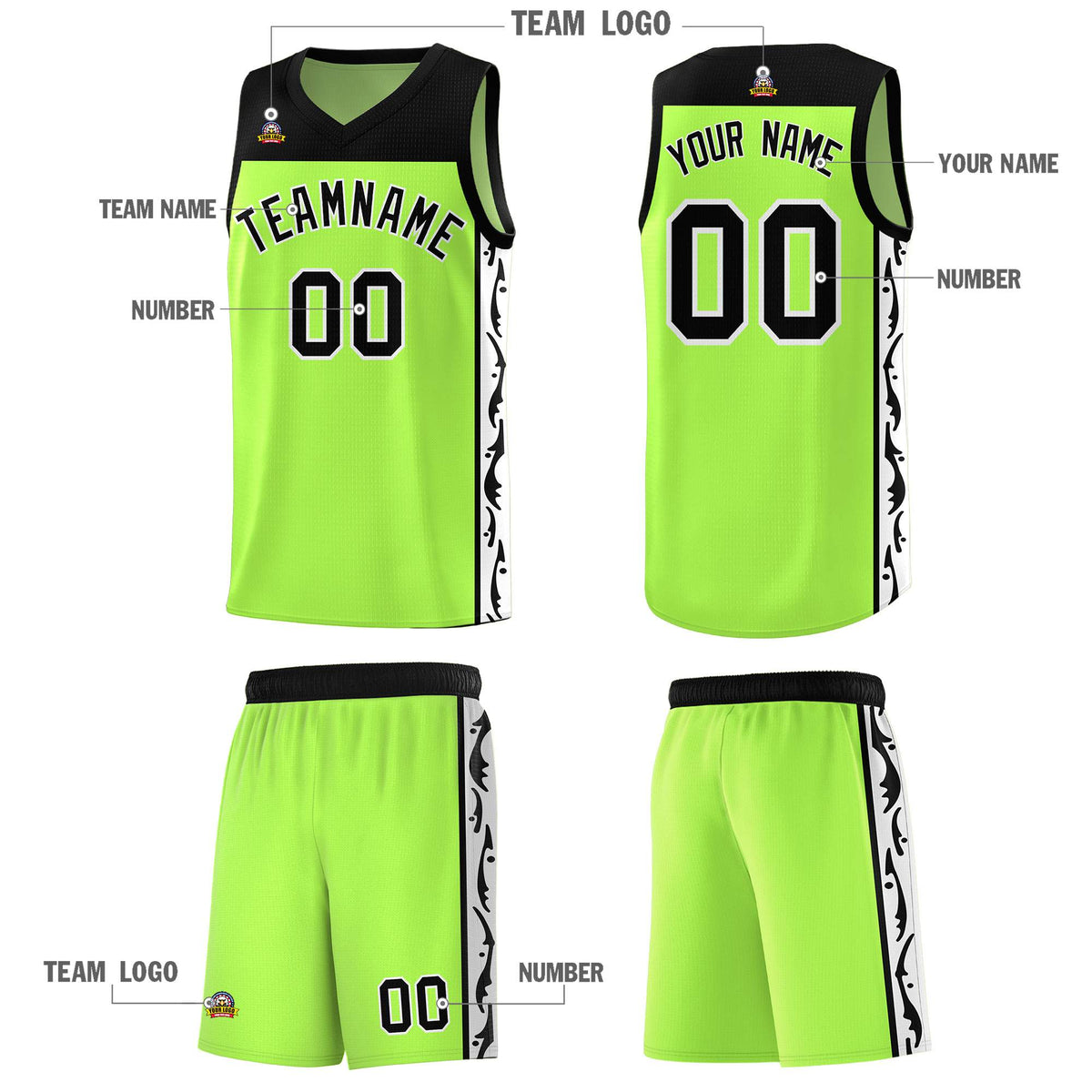 Custom Neon Green Side Pattern Sports Uniform Basketball Jersey
