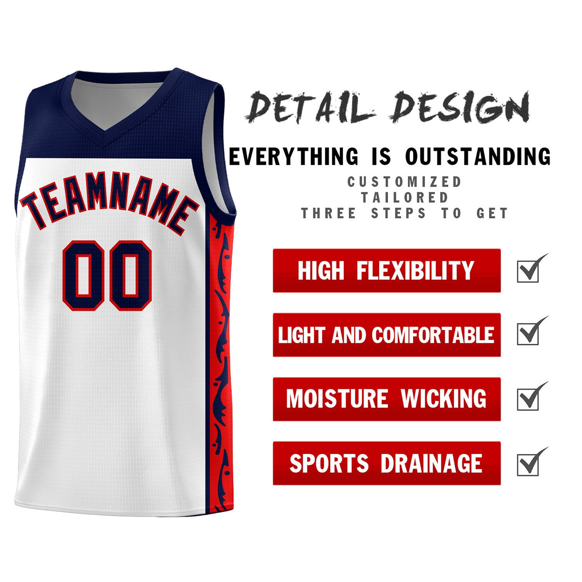 Custom White Side Pattern Sports Uniform Basketball Jersey