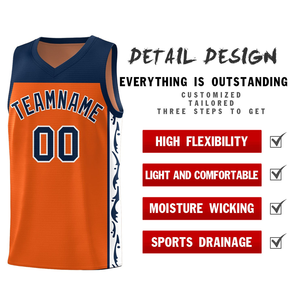 Custom Orange Side Pattern Sports Uniform Basketball Jersey