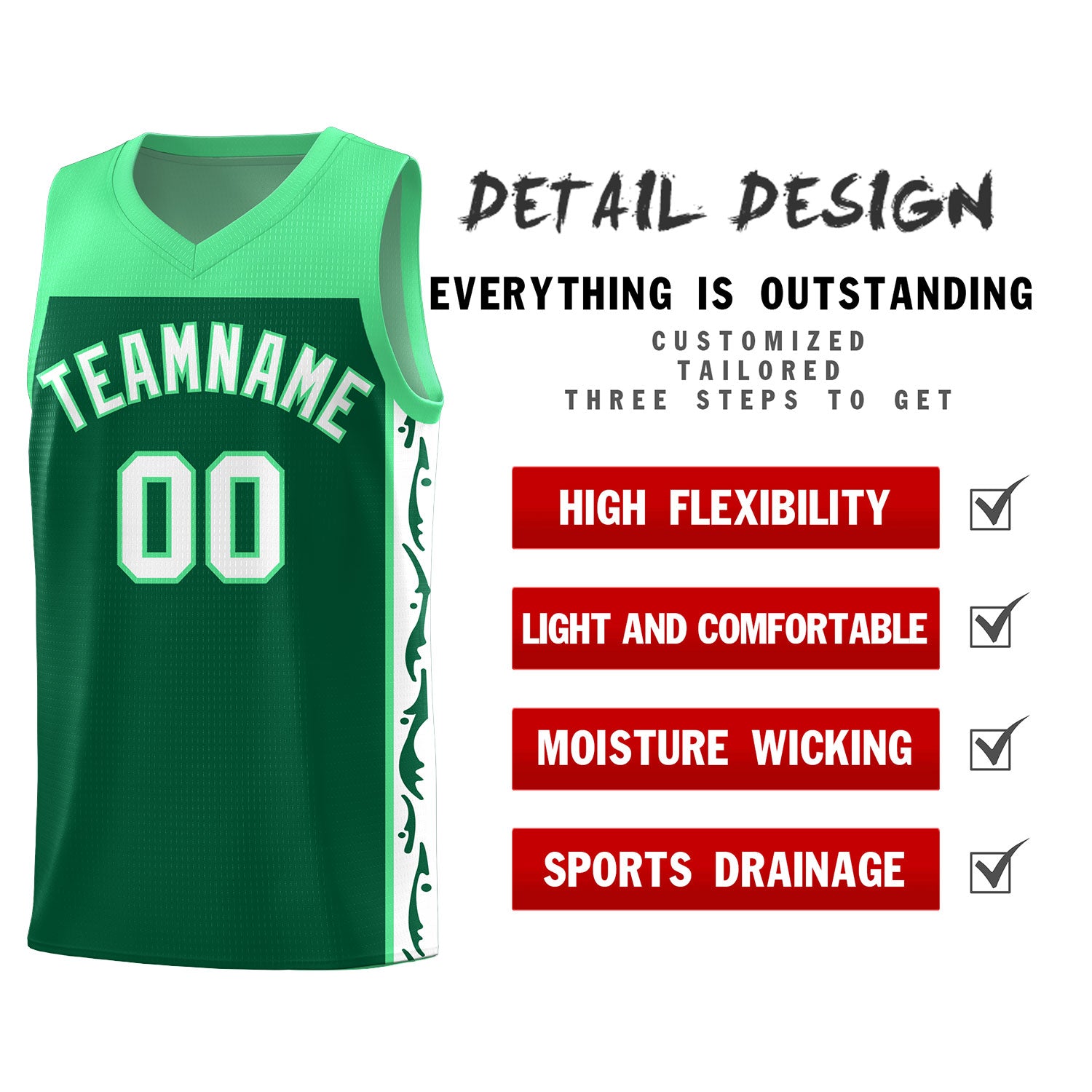 Custom Kelly Green Side Pattern Sports Uniform Basketball Jersey