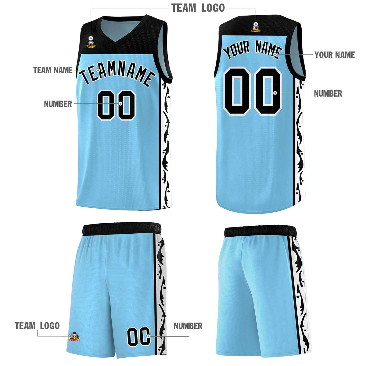 Custom Light Blue Side Pattern Sports Uniform Basketball Jersey