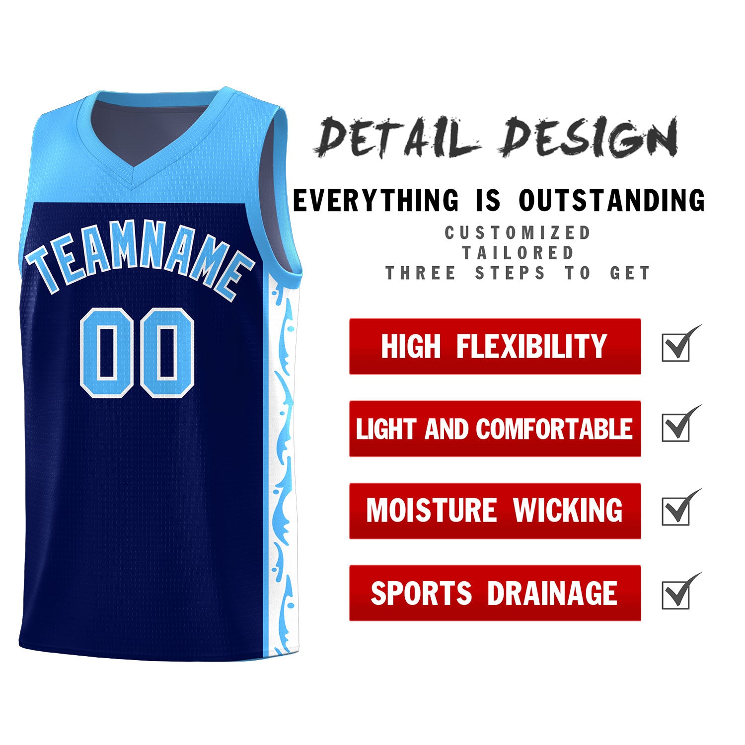 Custom Navy Side Pattern Sports Uniform Basketball Jersey