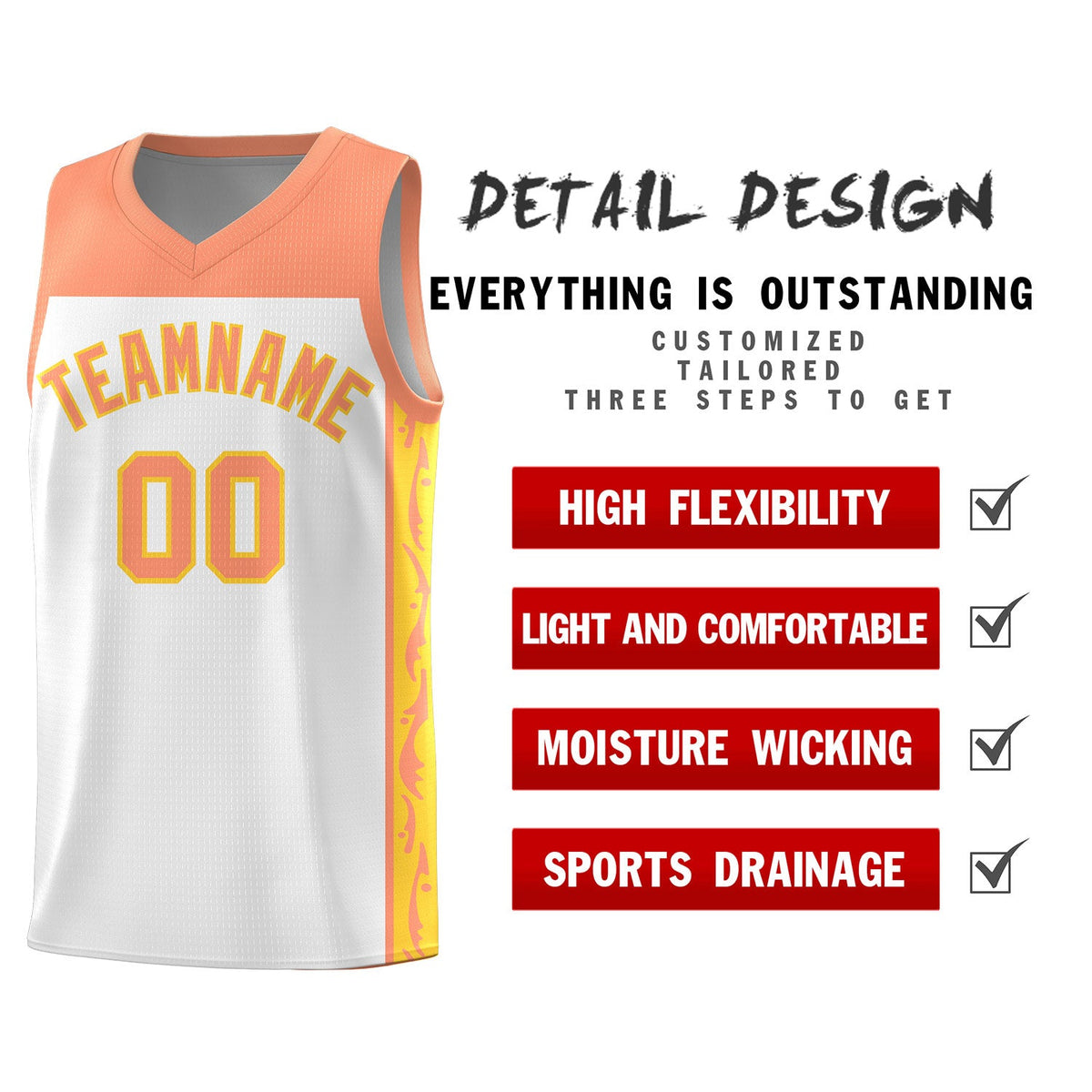 Custom White Side Pattern Sports Uniform Basketball Jersey