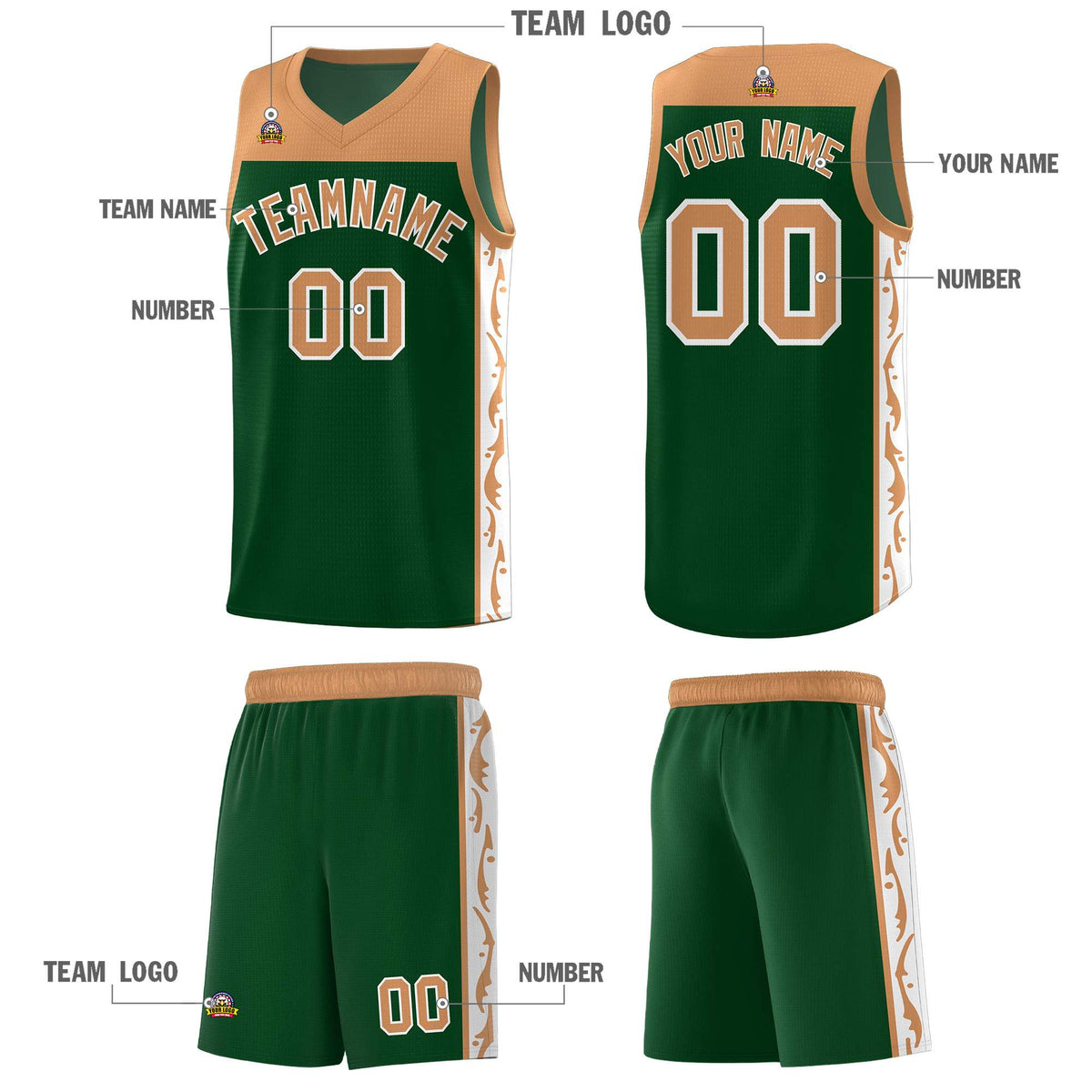 Custom Green Side Pattern Sports Uniform Basketball Jersey