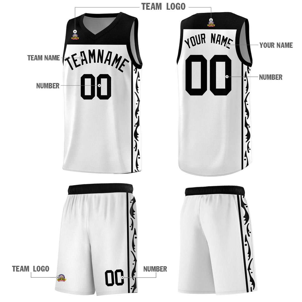 Custom White Side Pattern Sports Uniform Basketball Jersey