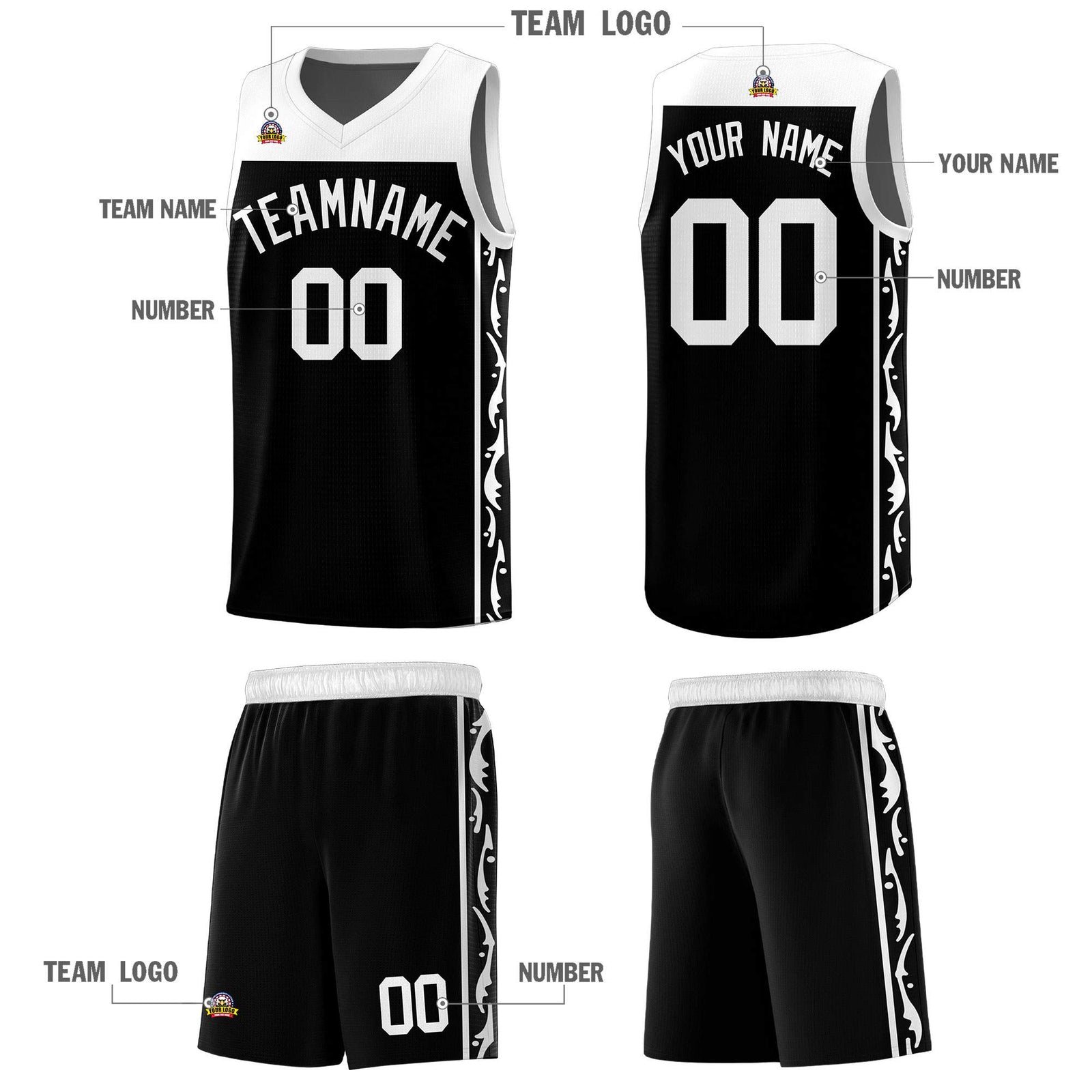 Custom Black Side Pattern Sports Uniform Basketball Jersey